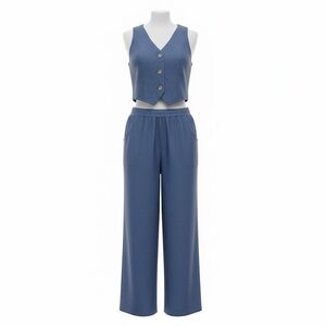 Sleek Dusty Blue Wide-Leg Pants with Matching Cropped Vest